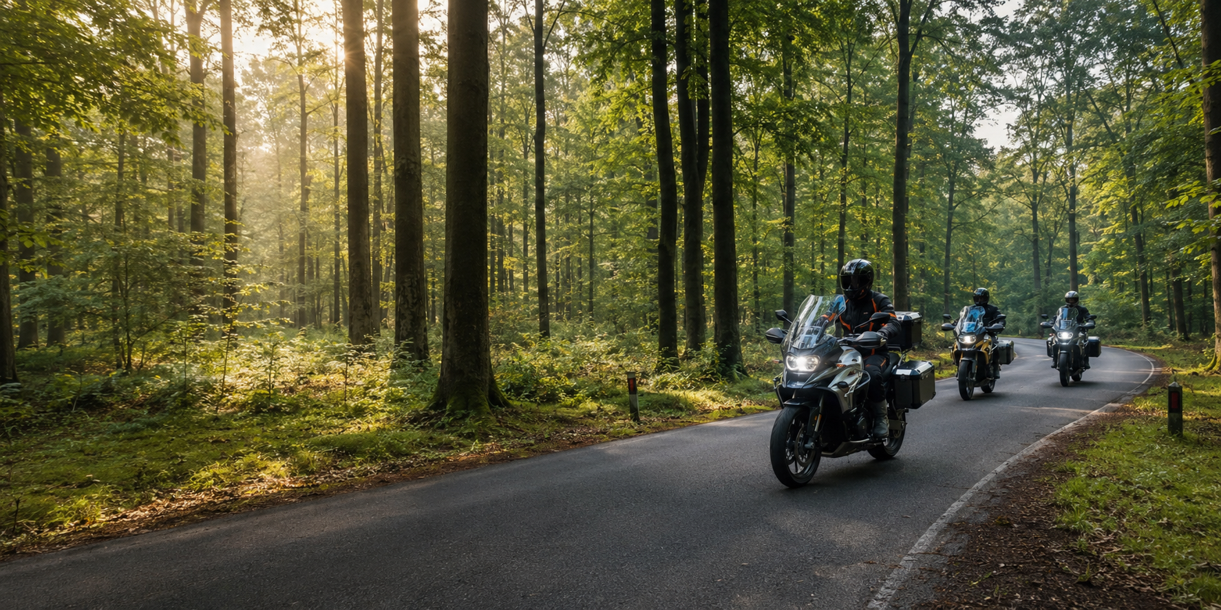Drie motorrijders tijdens een gezamenlijke rit door de bossen van de Veluwe